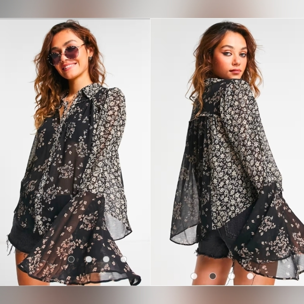 NWT Free People Serena printed blouse in black multi sz XS $98
